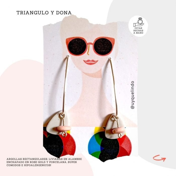 Aros colgantes con dije triangular y dona en plata, rosa y gris