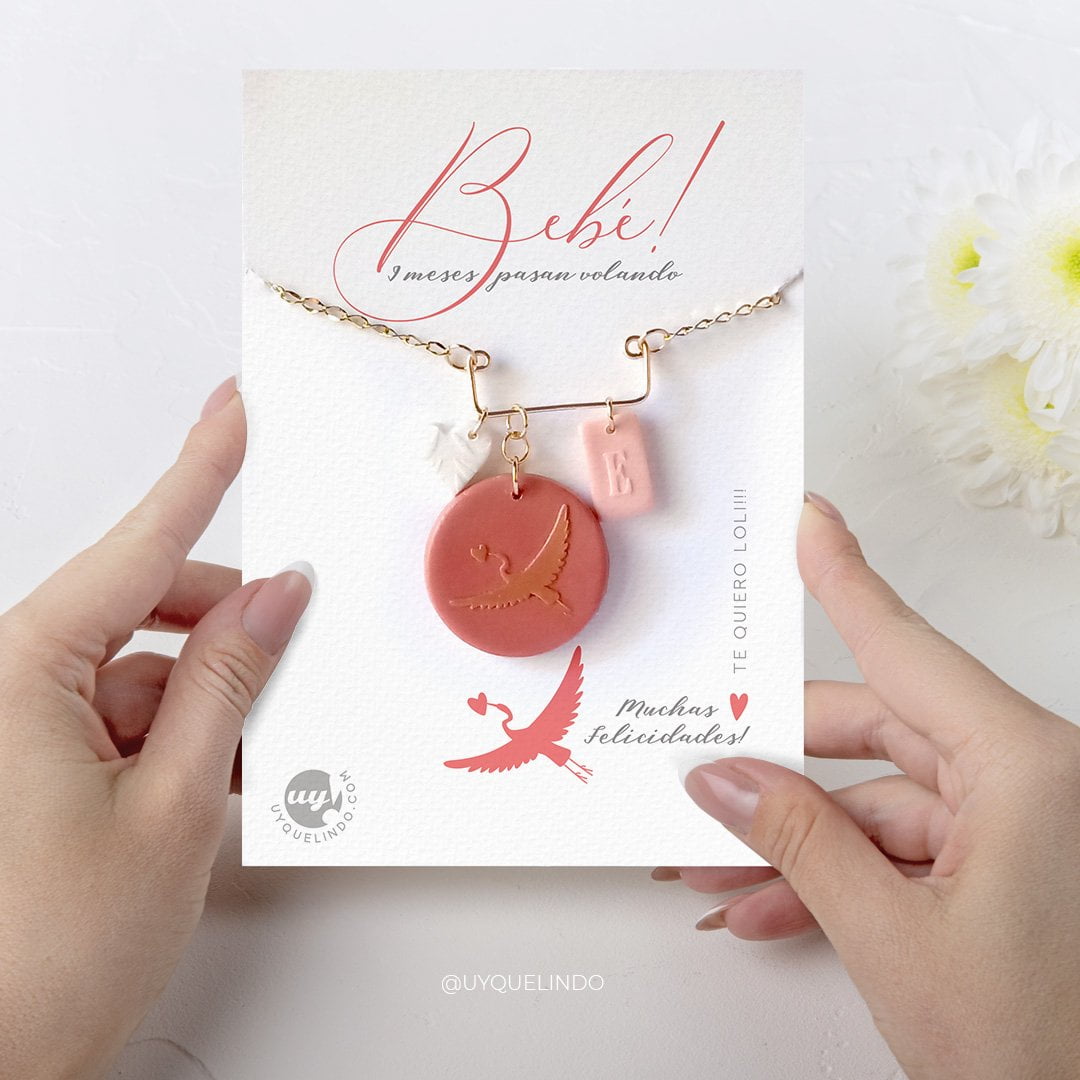 Future mom pendant, personalized necklace, stork charm, Model PV05