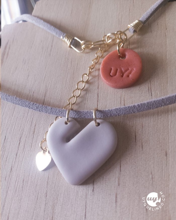 Gray leather choker with geometric heart pendant New Lover